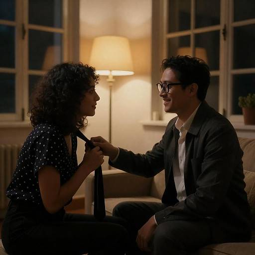 Cozy Evening Couple Adjusting Tie
