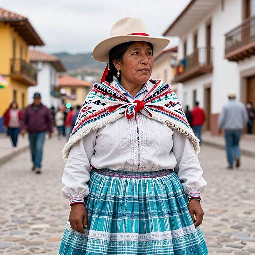 Photograph of an older indigenous woman in traditional Andean attire, white blouse, blue plaid skirt, white hat, and colorful shawl, standing