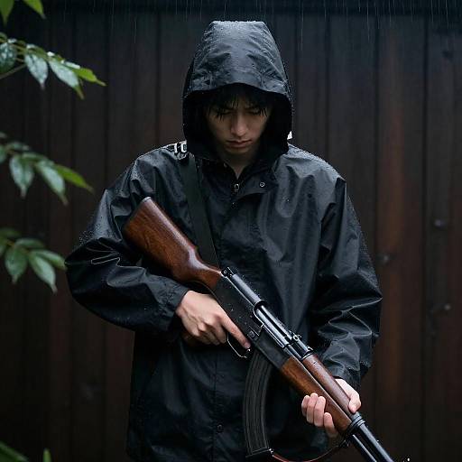 Hooded Figure in Rain with Rifle