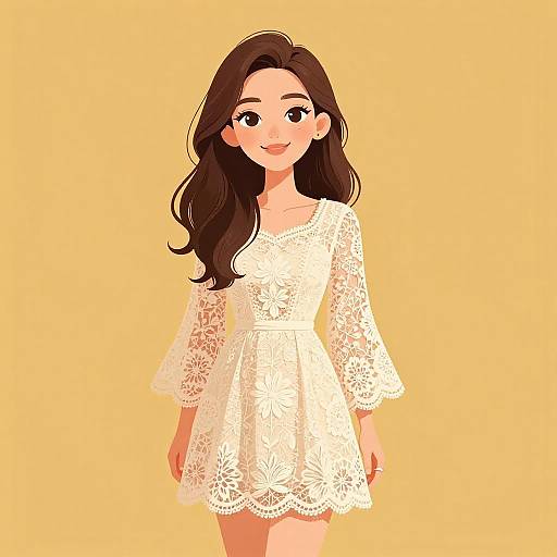 Digital illustration of a smiling young woman with long brown hair, wearing a white lace dress, against a solid yellow background.