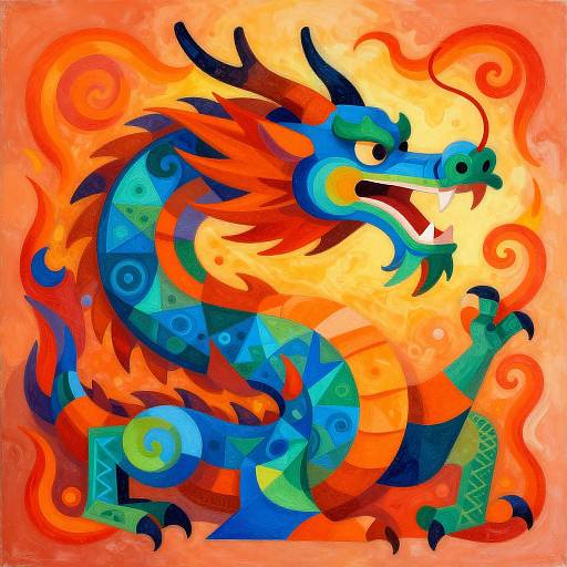 Vibrant digital illustration of a stylized, multicolored dragon with fiery red, orange, and yellow flames, set against an orange background.