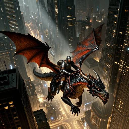 Digital artwork of a black-scaled dragon with red wings and a armored rider soaring over a neon-lit, skyscraper-filled city at night.
