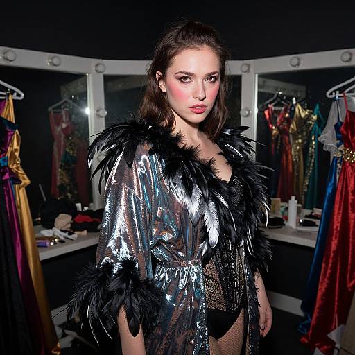 Backstage Cabaret Girl in Feathered Robe
