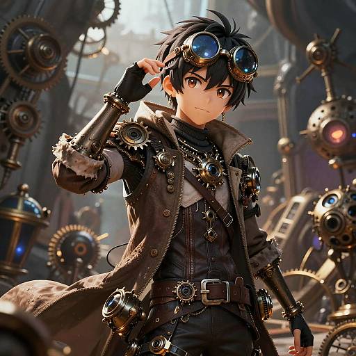 Anime-style digital illustration of a young man with black hair, goggles on head, and steampunk attire, surrounded by mechanical gears in a sunlit