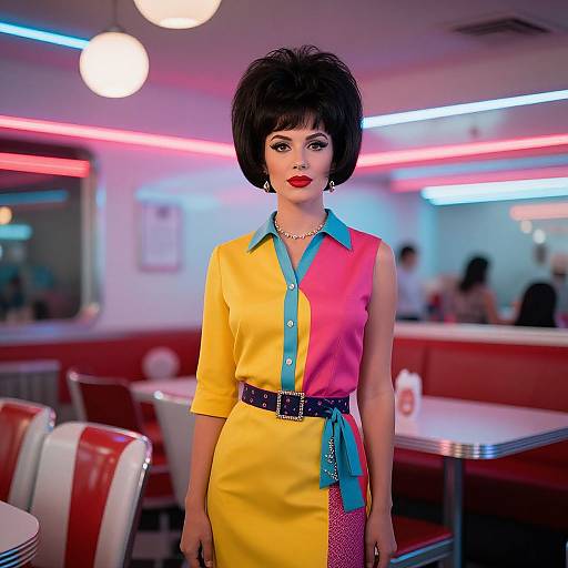 Photograph of a stylish, short-haired woman in a colorful, 1960s-inspired dress with blue collar, yellow and pink panels, black belt