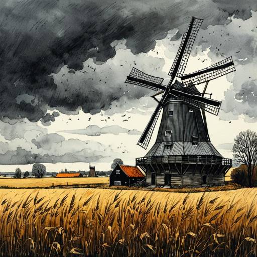 Old Dutch Windmill in Autumn Fields