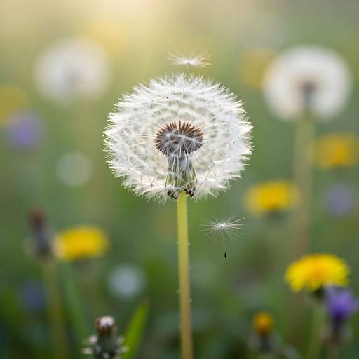 Close-up photograph of a glowing white dandelion seedhead in a sunlit, blurred green meadow with yellow and purple flowers.