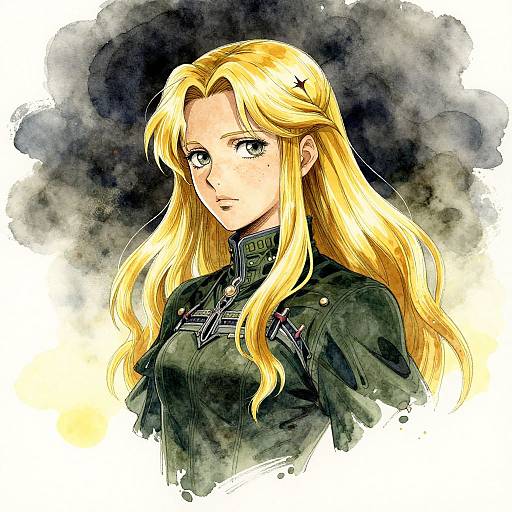 Anime-style digital drawing of a blonde woman with long hair, green eyes, wearing a dark, military-style uniform against a smoky, watercolor background