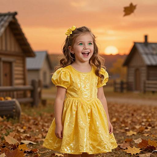 Photograph of a smiling young girl in a sparkly yellow dress, standing in an autumn village with wooden houses, fallen leaves, and an orange sunset