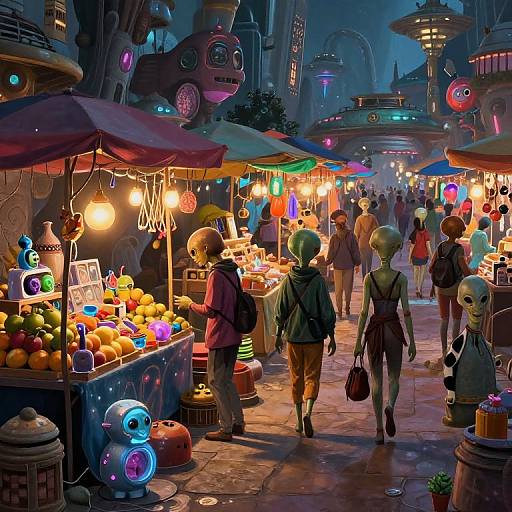 Vibrant, neon-lit sci-fi market at night, featuring alien vendors and shoppers browsing colorful stalls with glowing lights and futuristic decorations.