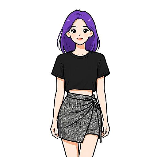 Digital anime-style drawing of a young woman with purple hair, wearing a black crop top and black, patterned wrap skirt, standing against a white background