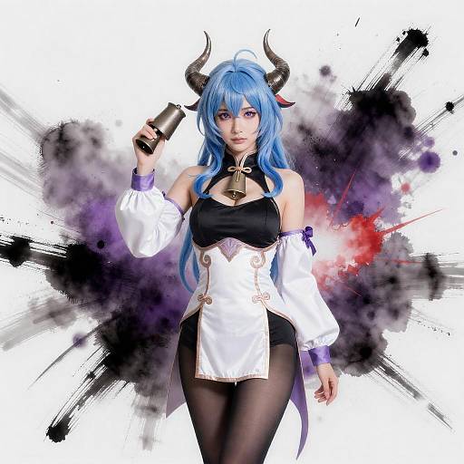 Blue-Haired Horned Fantasy Watercolor Portrait