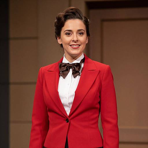 Photograph of a smiling woman with dark hair in a red blazer, black bow tie, and white dress shirt, standing against a neutral background.