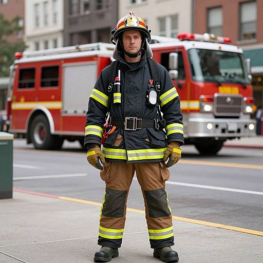 Photograph of a male firefighter standing on a city street, wearing full gear with helmet, reflective stripes, and brown pants, in front of a red