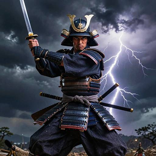 Photograph of a fierce samurai in traditional armor, holding a sword, with lightning illuminating dark, stormy sky behind him.