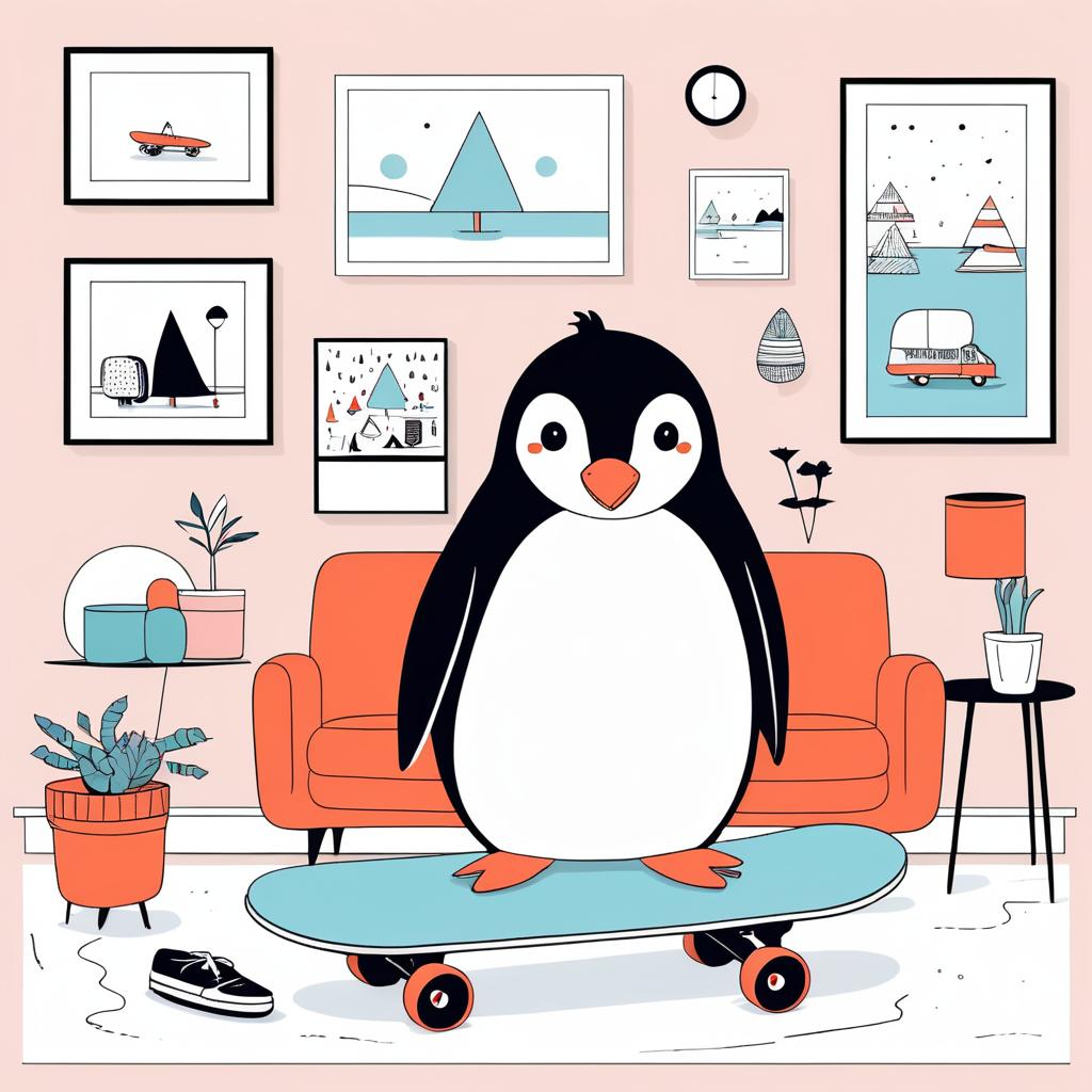 Clumsy Penguin Skateboarding in Cozy Decor