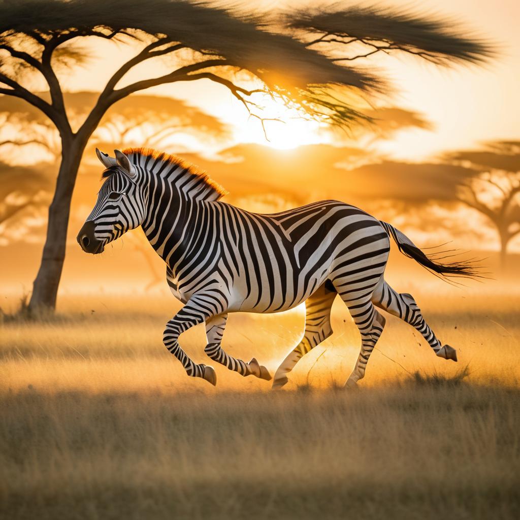 Zebra Galloping in African Sunset