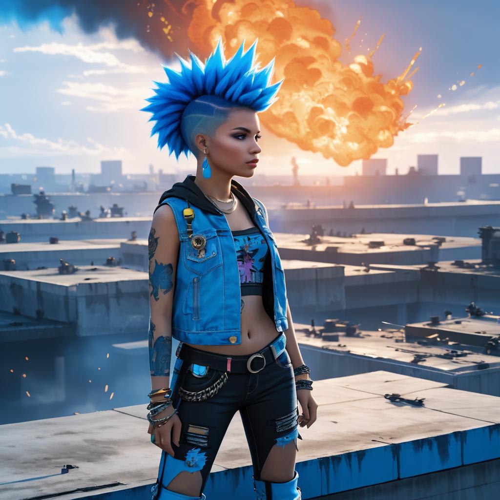 Punk Girl Overlooking Fiery Battle Scene