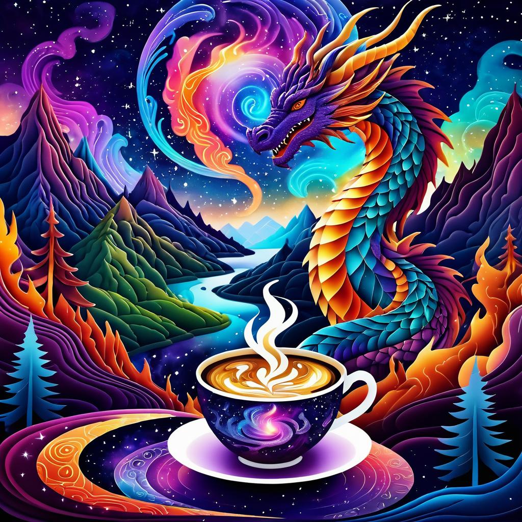 Mystical Coffee Dragon in Enchanted Landscape