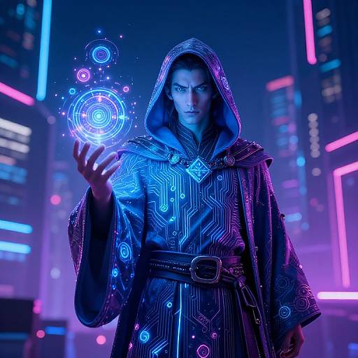Digital artwork of a mysterious figure in a neon-lit city, wearing a hooded, circuit-patterned robe, casting a glowing blue hologram.