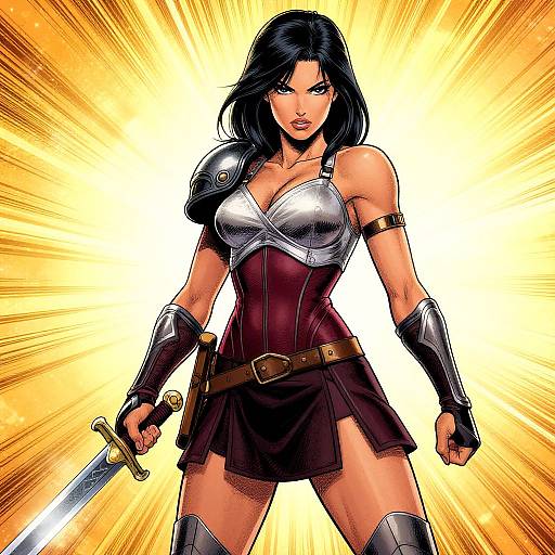 Comic-style drawing of a fierce, black-haired woman in silver armor, red corset, and black skirt, holding a sword against a radiant yellow background