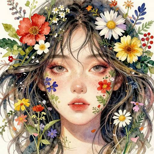 Digital watercolor portrait of a young woman with fair skin, dark wavy hair, and large eyes, surrounded by a colorful floral crown of dais
