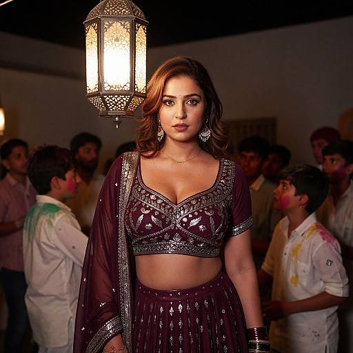 Photograph of a confident Indian woman with medium skin tone, brown wavy hair, wearing a shimmering maroon traditional outfit, under a glowing lantern
