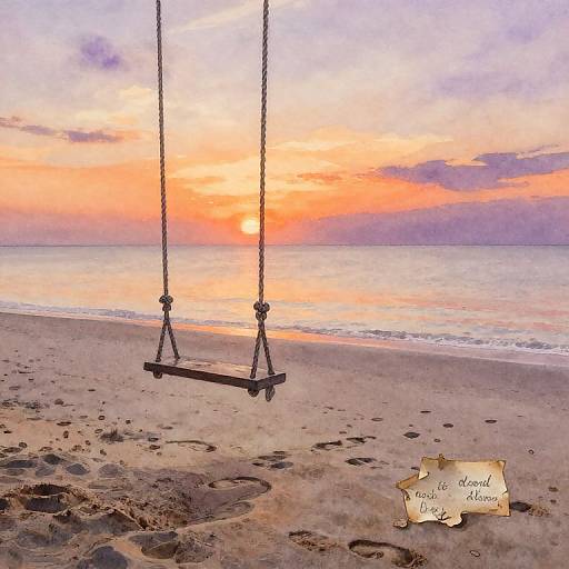 Photograph of a wooden swing on a sandy beach at sunset, with a colorful sky and 
