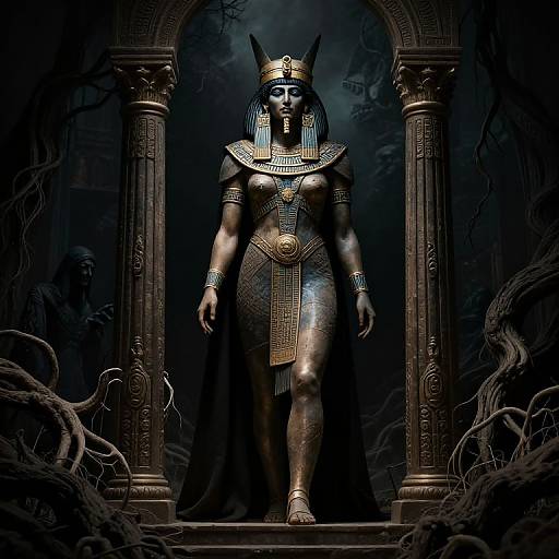 Digital artwork of a dark-skinned, muscular, Anubis-like female deity with jackal head, gold jewelry, and Egyptian attire, standing in