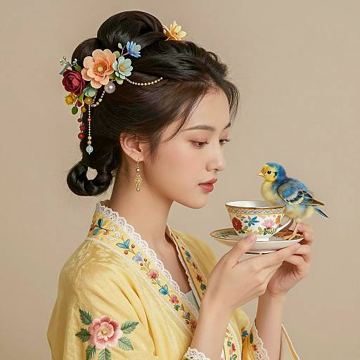Woman in Yellow Dress Holding Teacup with Blue and Yellow Chick