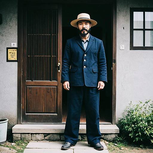Man in Traditional Korean Outfit with Hat