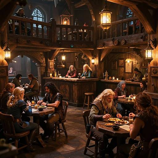 Photograph of a medieval-style tavern with wooden arches, warm lantern lighting, and patrons seated at round tables, eating and conversing.