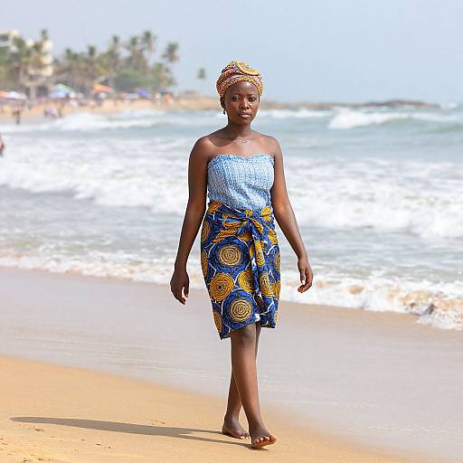 Photograph of a young black girl walking on a sunny beach, wearing a blue strapless top and colorful, patterned skirt, with a headwrap