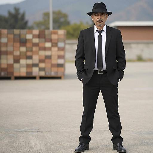 Photograph of an older man in a black suit, tie, and hat, standing confidently with hands in pockets, against a backdrop of colorful cargo containers