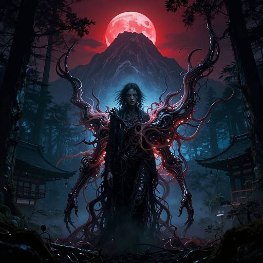 Digital fantasy artwork: Dark, shadowy figure with twisted, glowing red tentacle-like arms stands before a red moonlit mountain, surrounded by misty