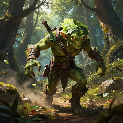 CGI fantasy forest scene: Green, muscular orc with sharp teeth, yellow eyes, and leafy hair, wearing leather armor and belt, strides menacing