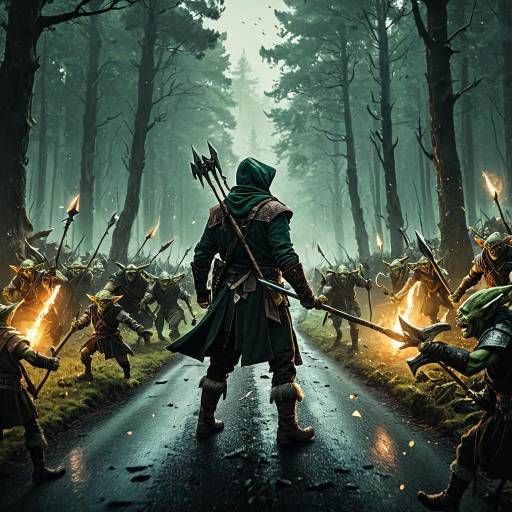 Ranger Facing Goblin Army in Mystical Forest