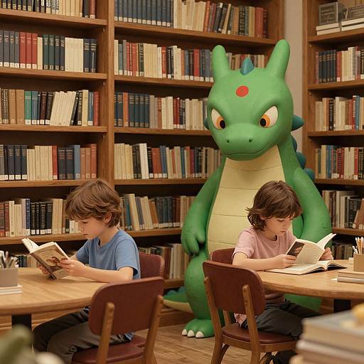 Photograph of two boys reading books at a library table, with a large green dragon statue standing behind them.