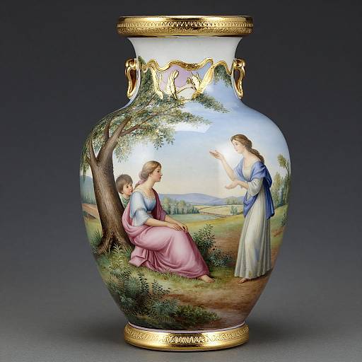 Photograph of an ornate porcelain vase depicting a pastoral scene with two women, one in pink, one in blue, under a tree. Golden embell