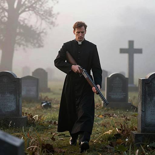 Photograph of a stern, young man in a black clerical robe holding a gun, standing in a foggy cemetery with gravestones and a