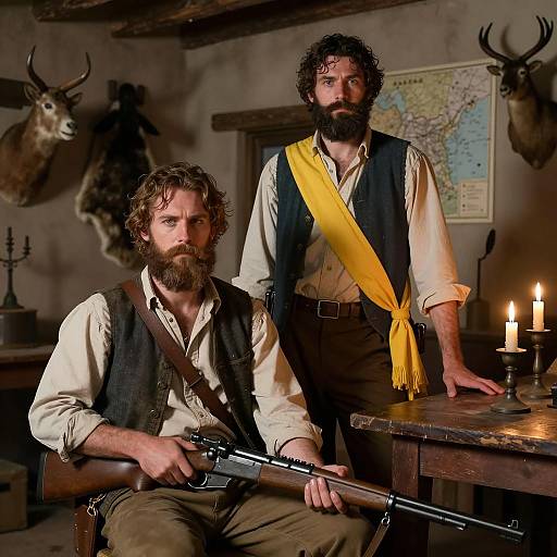 Rustic Gathering of Hunters in Shadows