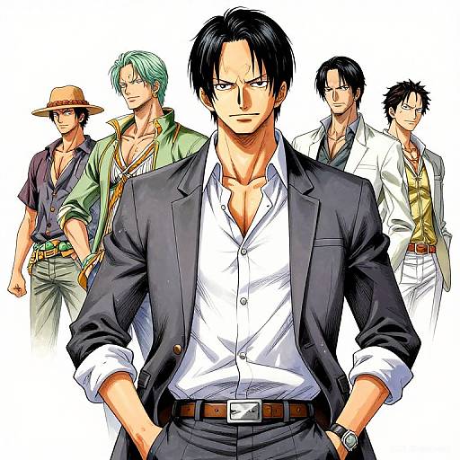 Digital anime-style illustration of six muscular men in suits and casual clothes, standing in a group with the central black-haired man in focus. Background is plain