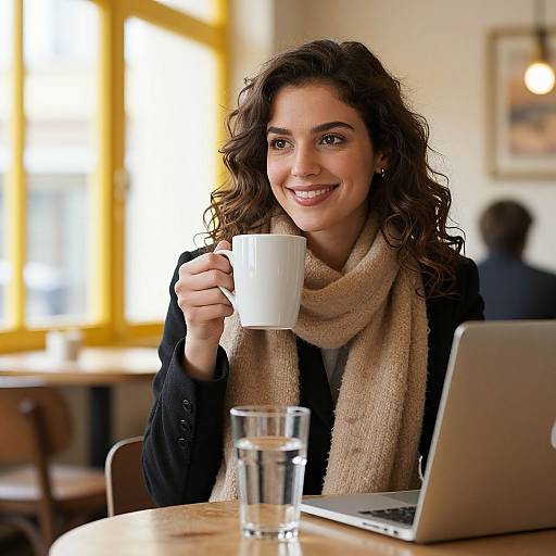 Photograph of a smiling woman with curly brown hair, beige scarf, black coat, holding a white mug, sitting at a wooden table with a laptop