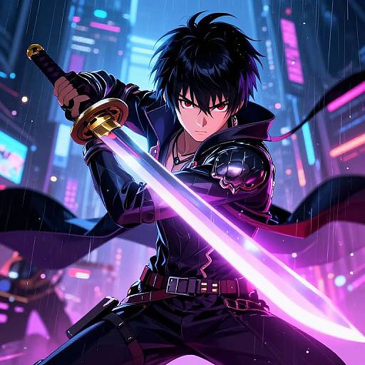 Anime-style digital artwork of a black-haired, red-eyed male swordsman in a dark coat, holding a glowing pink sword in a rainy, neon-l
