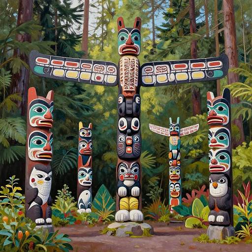 Vibrant photograph of colorful totem poles with intricate designs, standing in a lush, forested area with dense greenery and tall trees.