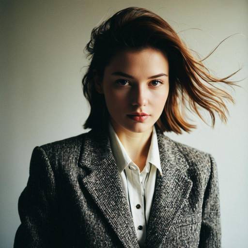 Woman with Feathered Layers Hairstyle in Vintage Blazer