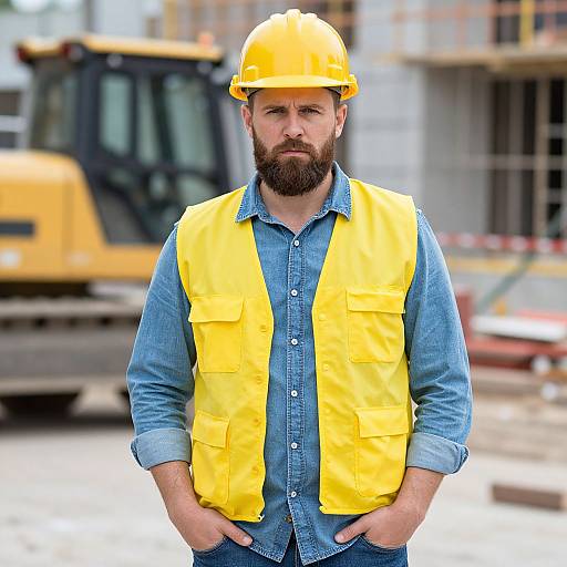 Photograph of a bearded man with a serious expression, wearing a yellow hard hat and vest over a blue denim shirt, standing in a construction site