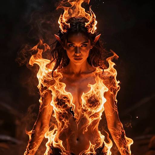 Fiery Woman with Flaming Horns and Pointed Ears