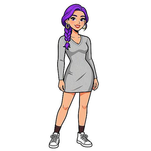 Digital anime-style drawing of a smiling woman with purple braided hair, wearing a gray dress, black socks, and white sneakers.
