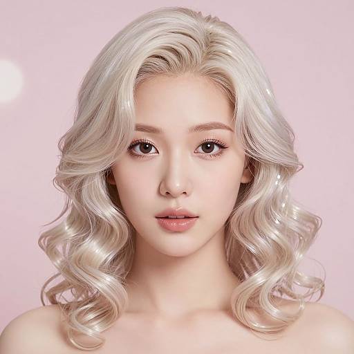 Digital portrait of a beautiful young woman with platinum blonde, wavy hair and fair skin, staring directly at the camera against a soft pink background.